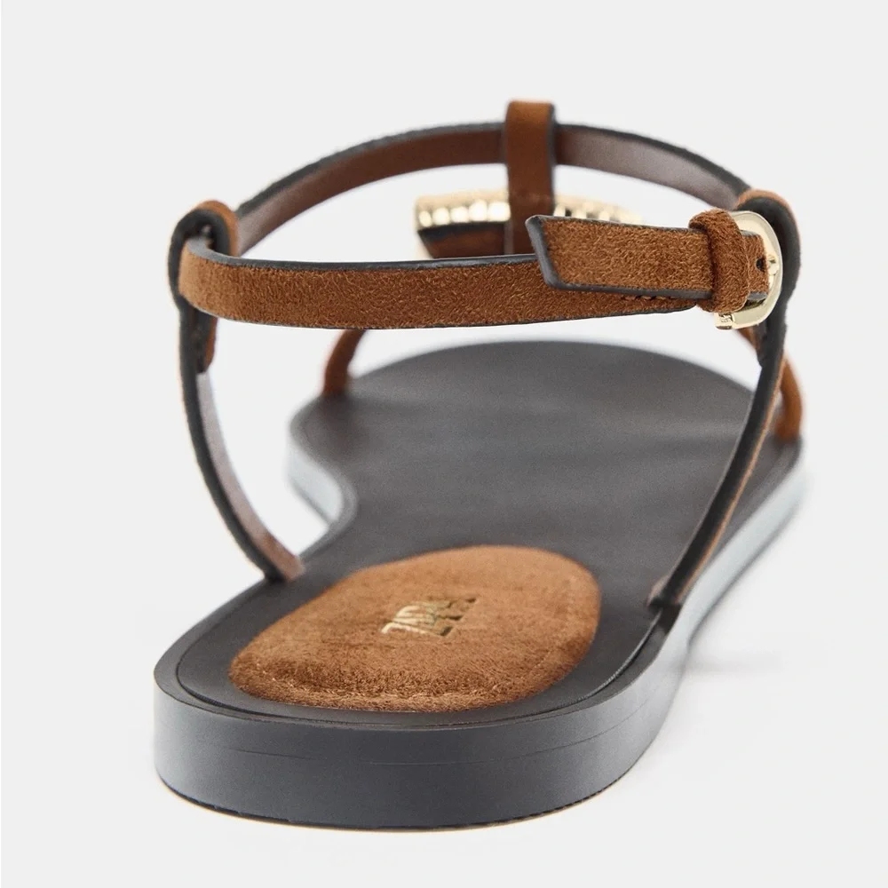 Zara Flat Sandals with Metallic Shell Trim NWT - Picture 6 of 6